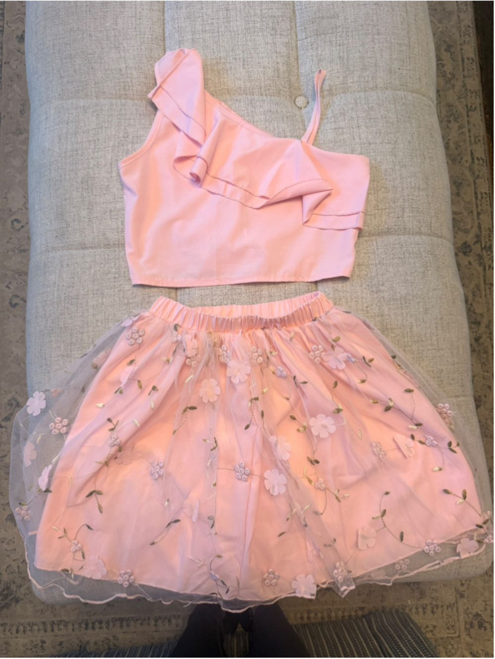 Girls Unbranded Floral Tulle & One Shoulder CropTop Matching Set Pink Size 11-12